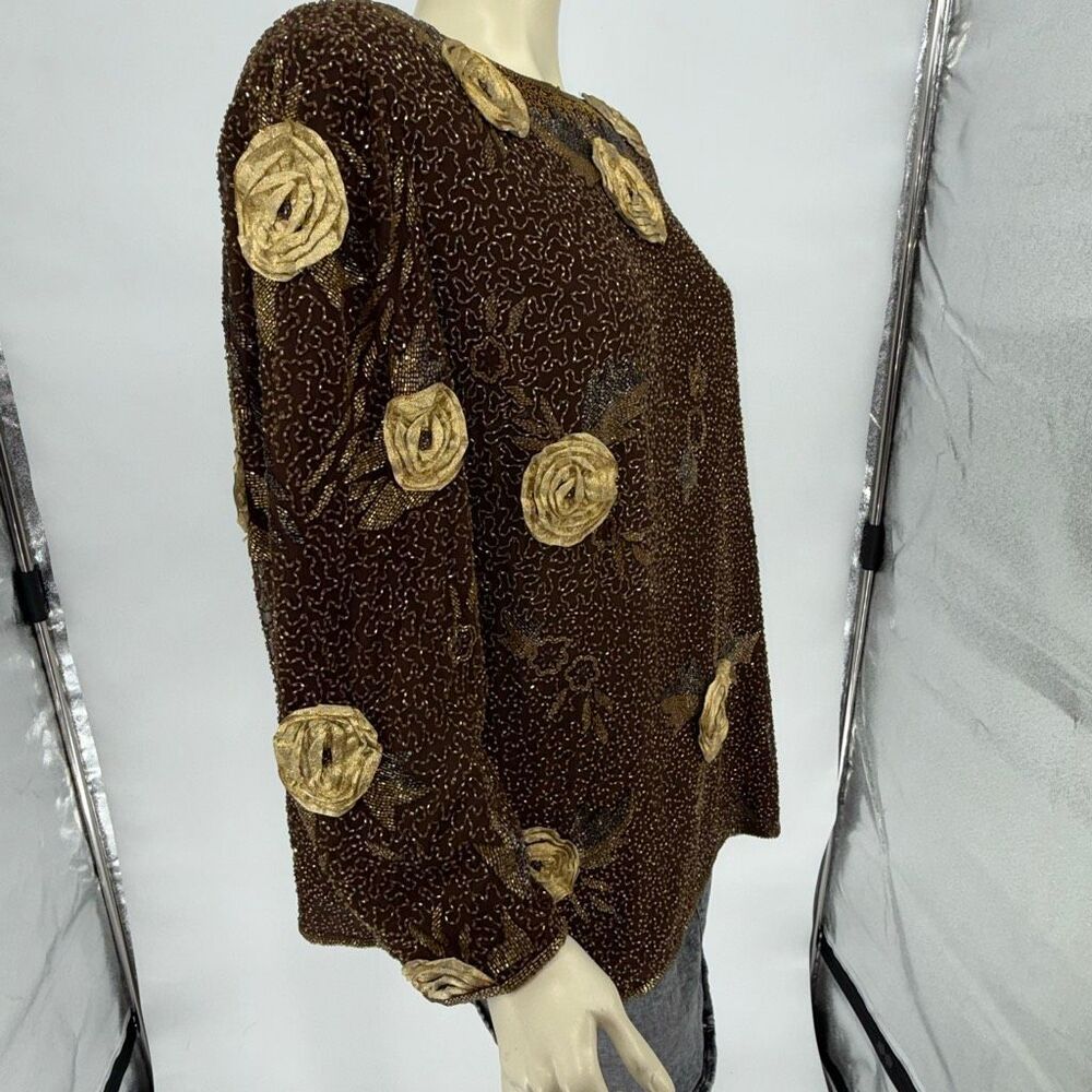 Vintage Joan Leslie Studio Silk Beaded Floral Top Saks Fifth Avenue 2X Brown Gol - Picture 8 of 15